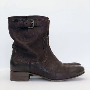 Prada F/W 1993 Western Moto Pebbled Leather Brown Ankle Boots IT 38.5 US 8.5